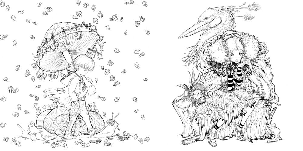 Whimsical line art shows a boy with a mushroom umbrella riding a snail, and a doll-like figure with a bird and lizard