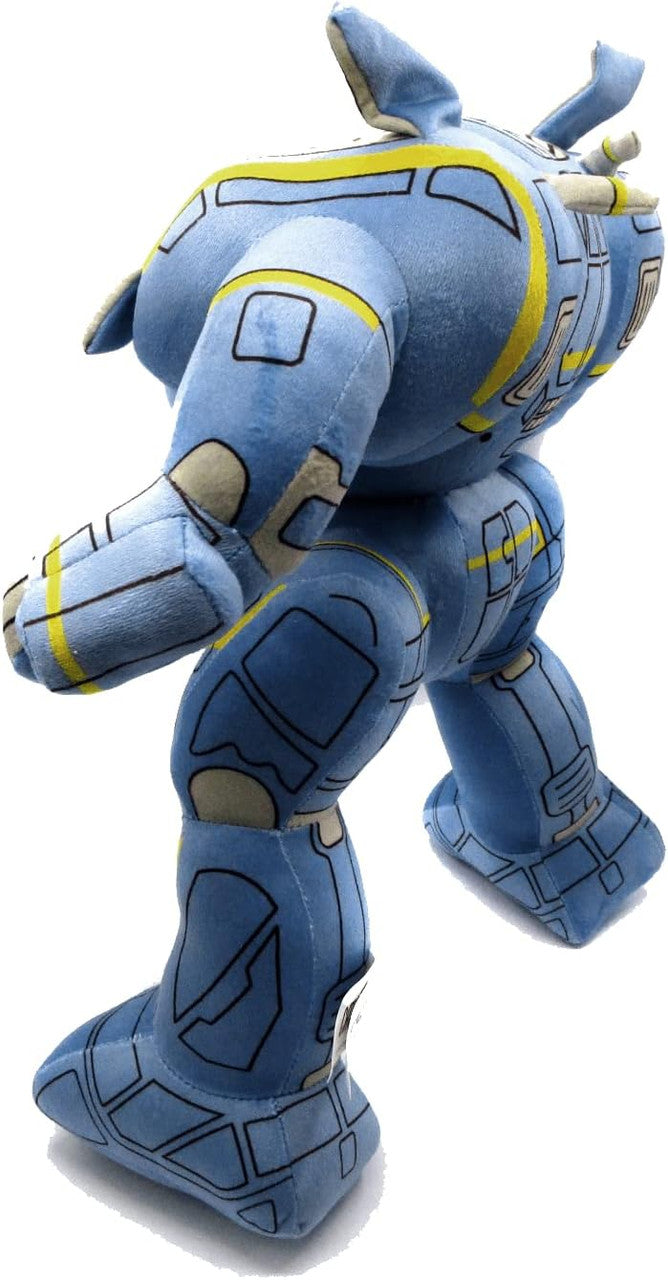 Battletech plush robot with yellow stripes and grey accents
