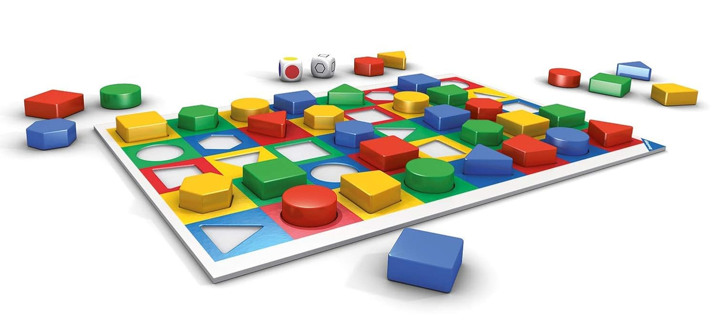 Colourful Ravensburger Colourama sorting game board filled with geometric shapes (blocks) and two dice