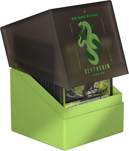 Green and black Slytherin trading card deck box with the green snake crest on the lid, filled with cards