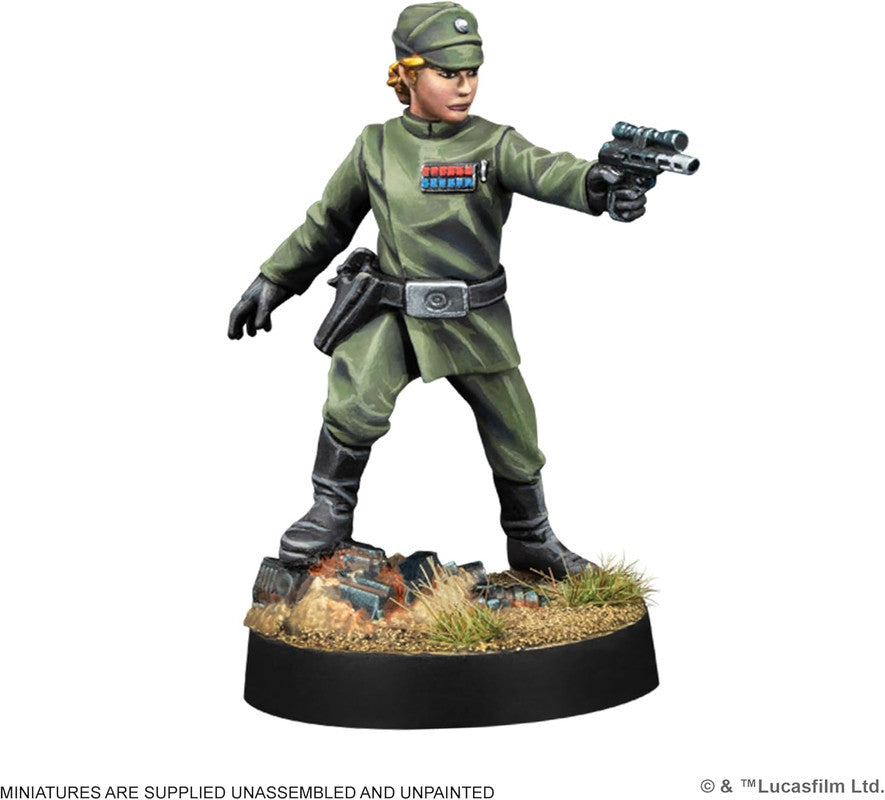 Miniature of a female Imperial officer in green uniform and cap, aiming a blaster pistol