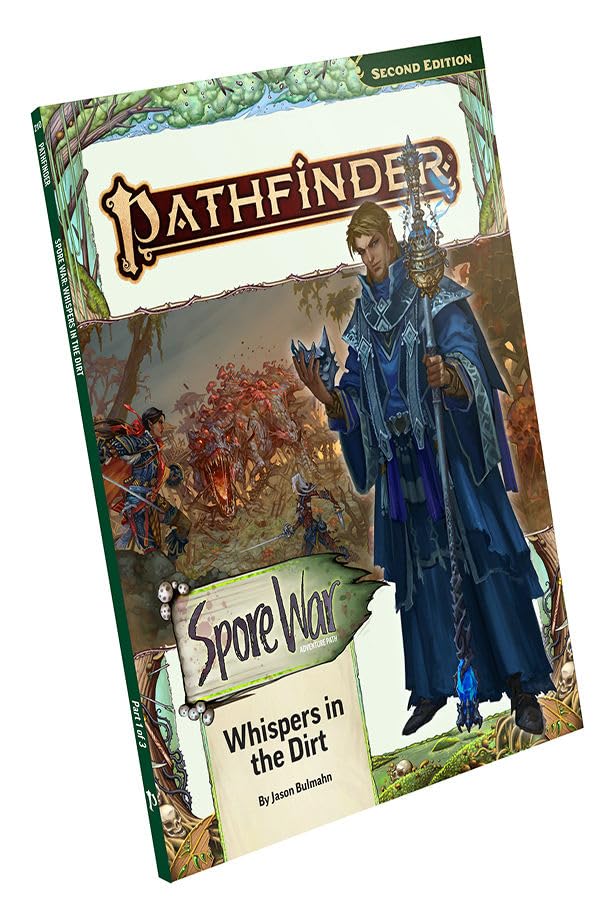 Pathfinder 'Spore War: Whispers in the Dirt' cover, wizard in blue robes, adventurers battle a fungal monster