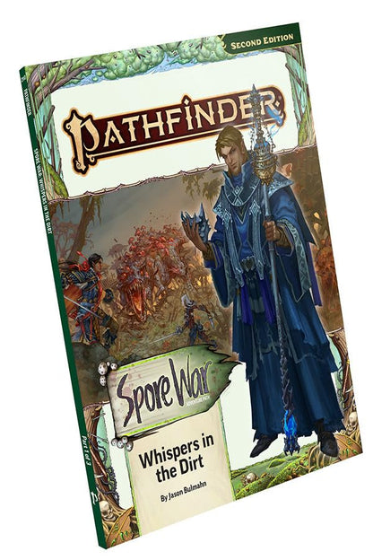 Pathfinder 'Spore War: Whispers in the Dirt' cover, wizard in blue robes, adventurers battle a fungal monster