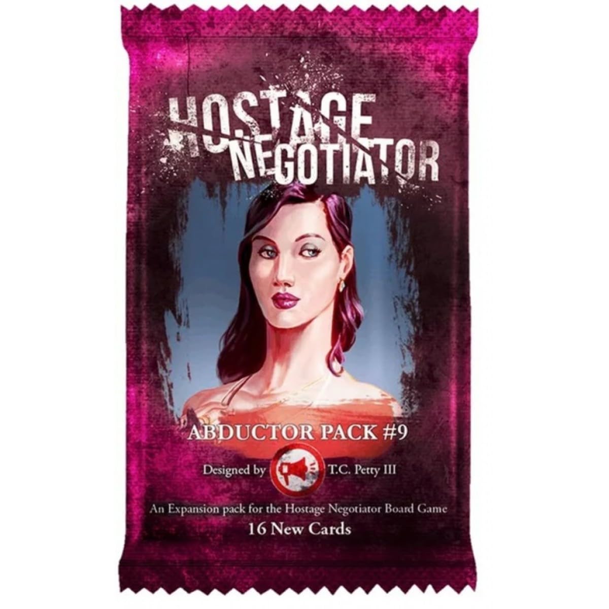 A magenta "Hostage Negotiator: Abductor Pack 9" board game expansion, featuring a woman's portrait