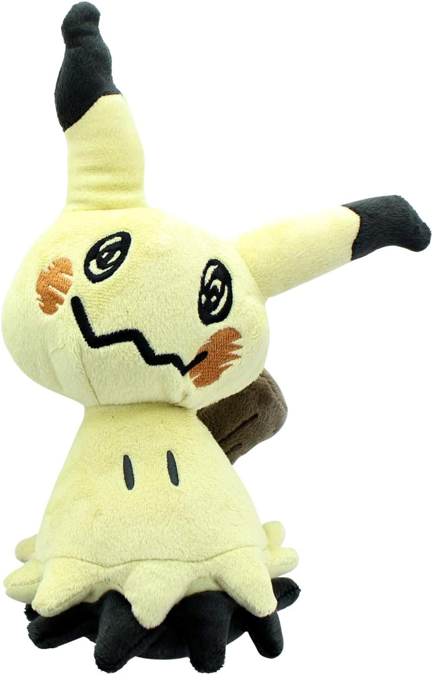 Pokémon Mimikyu plush toy, featuring a pale yellow cloth disguise, drawn features, and a dark black, frilled base