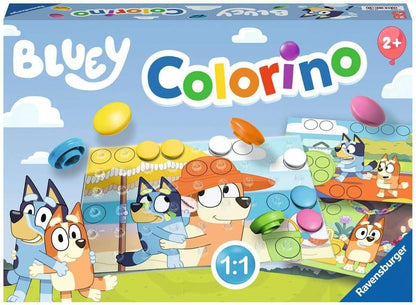Bluey Colorino game box showing the Heeler family, activity cards, and colorful plastic pieces