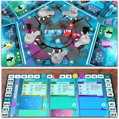 A "Fired Up" board game in progress with miniature figures, blue and red dice on a hexagonal board, and a player mat displaying game rules