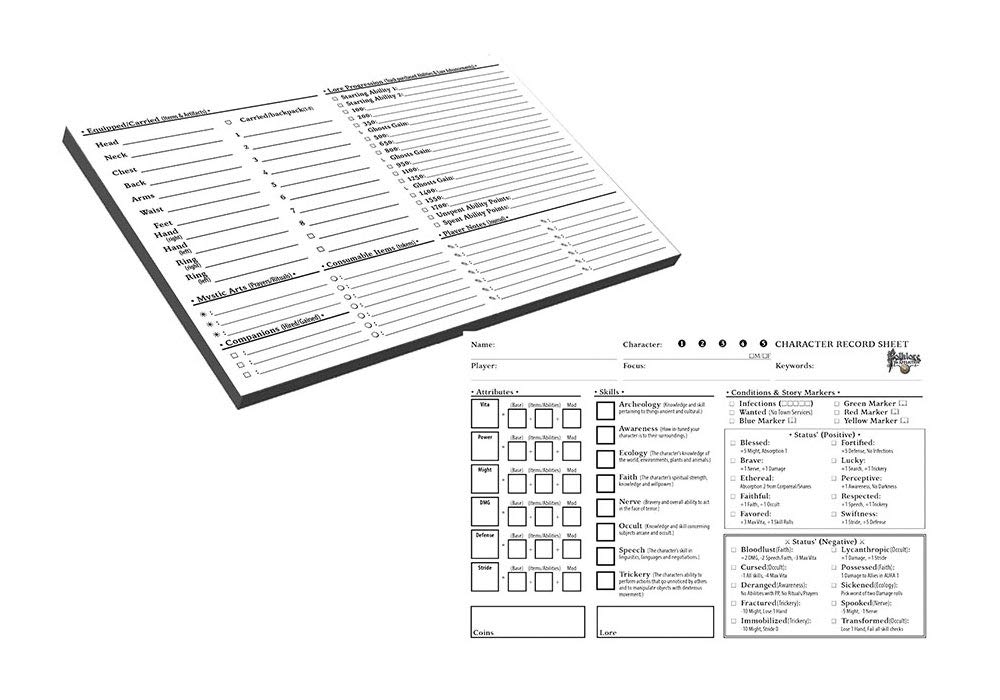 Angled view of a blank RPG character record sheet, showing sections for stats, inventory, and conditions.