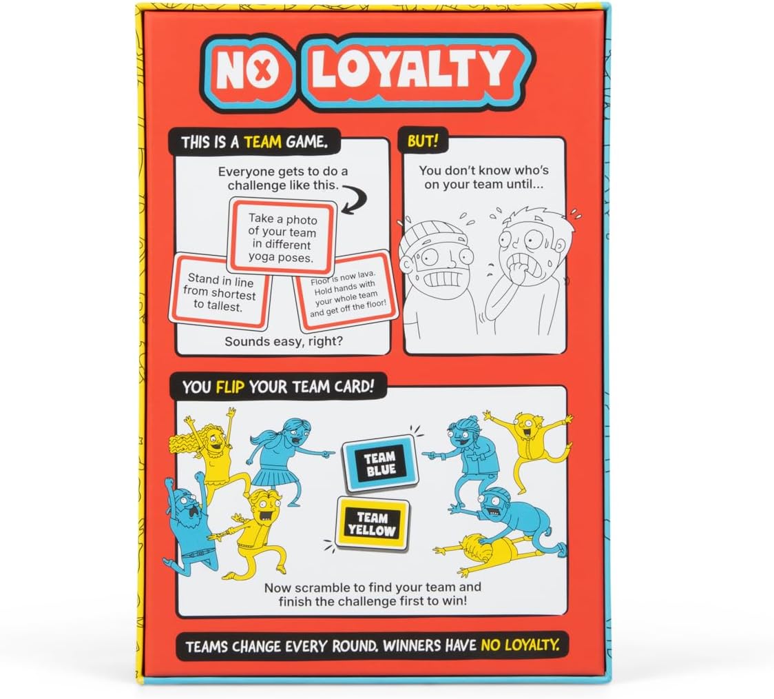 Back panel of the red "No Loyalty" party game box, detailing rules and featuring cartoon team characters