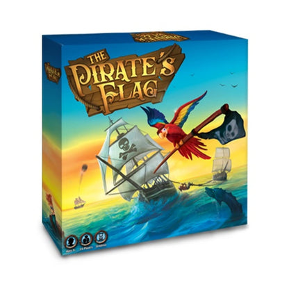 The Pirate's Flag board game box. Art: A parrot flies a skull flag over a pirate ship on stormy waves with a sea monster.