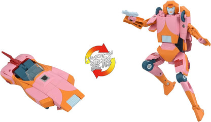 Pink and orange transforming robot (Arcee) shown in vehicle mode and dynamic robot mode holding a gun