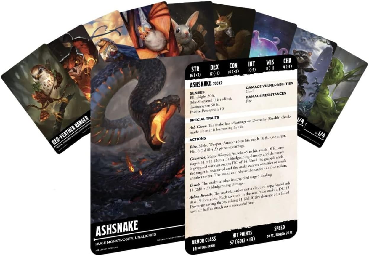 A large Ashsnake monster card depicting a dark snake with an open, fiery mouth, fanned out with several fantasy creature cards.