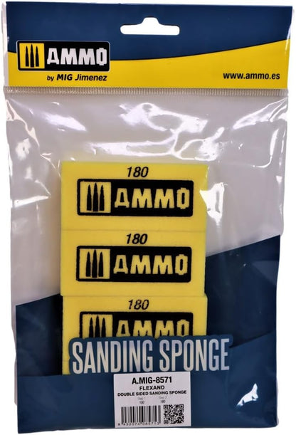 Three yellow AMMO 180-grit double-sided sanding sponges in clear packaging