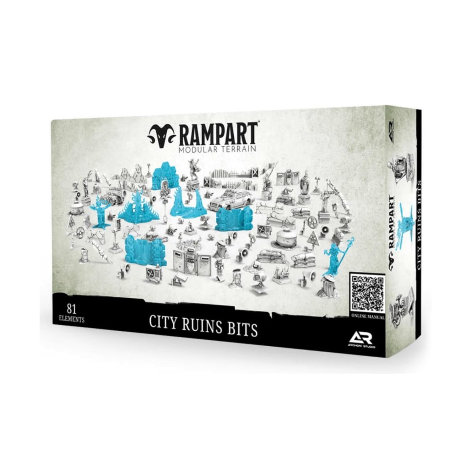 Box for Rampart Modular Terrain: City Ruins Bits, displaying miniature urban ruins, vehicles, and debris