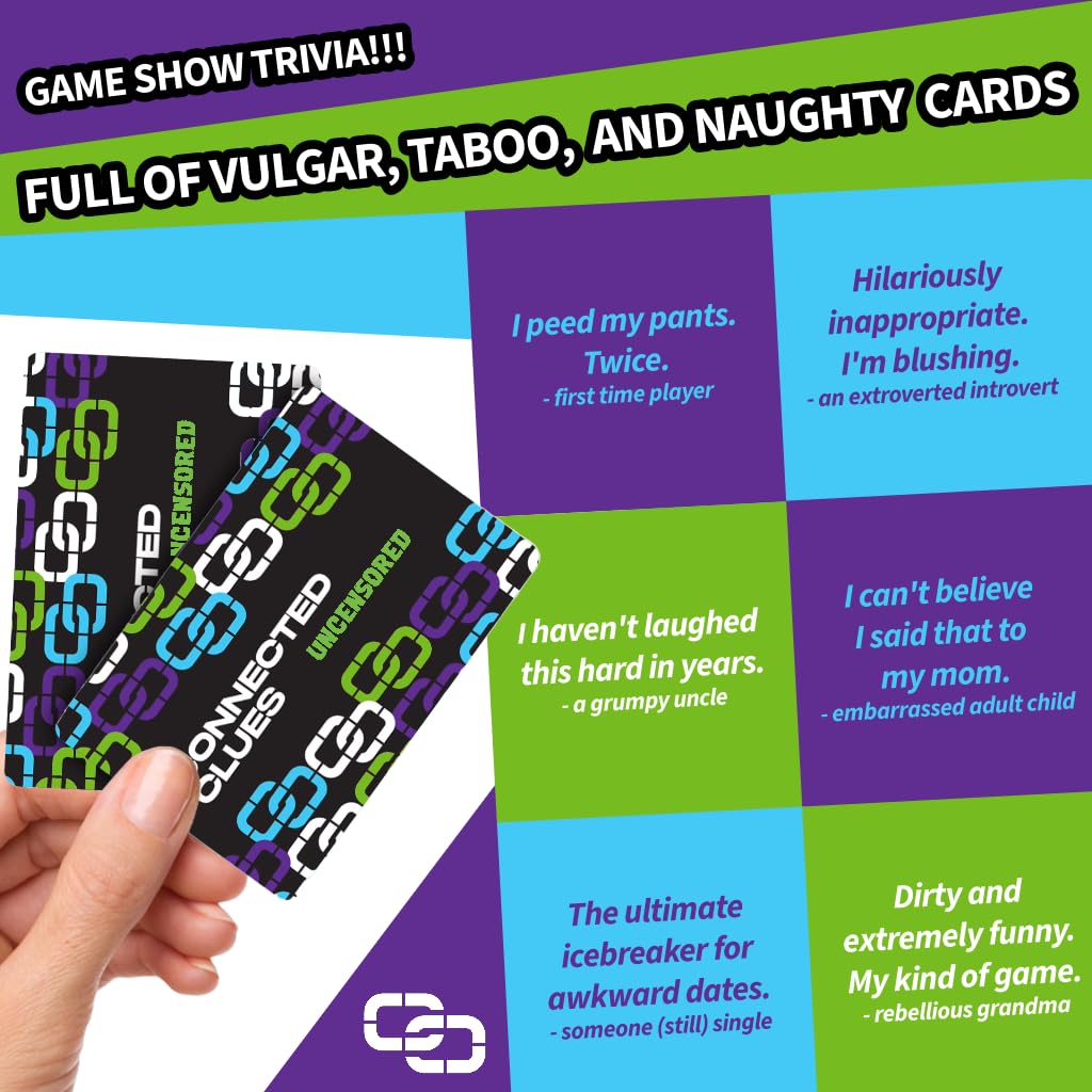 Hand holding "Connected Clues Uncensored" game cards. Background text describes it as "Vulgar, Taboo, and Naughty Cards."