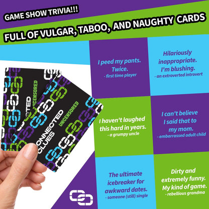 Hand holding "Connected Clues Uncensored" game cards. Background text describes it as "Vulgar, Taboo, and Naughty Cards."