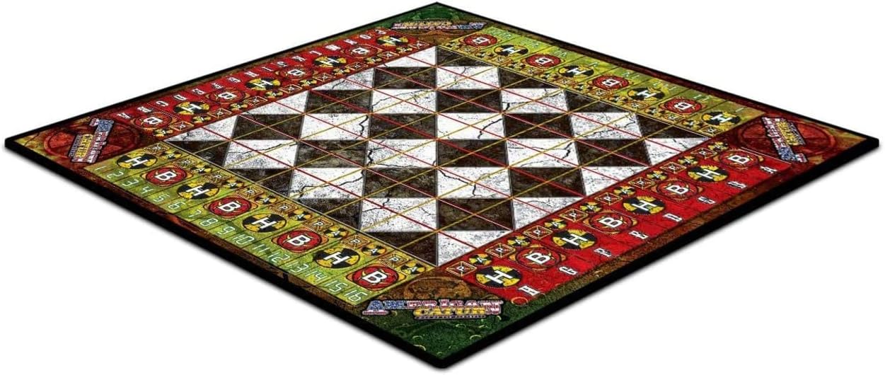 Diamond-shaped fantasy-themed board game with a dark checkered central play area and detailed outer lanes with numbers and symbols