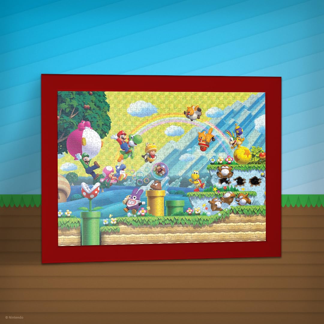 Red-framed jigsaw puzzle depicting Super Mario characters running and jumping through a vibrant game world