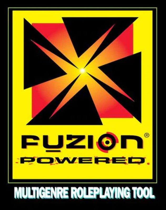 Fuzion Core Game Rules Multigenre Roleplaying Tool in yellow box with black text and a red-orange starburst