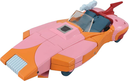 Pink and orange futuristic toy car (Transformer alt mode) with a clear canopy and rear-mounted blaster