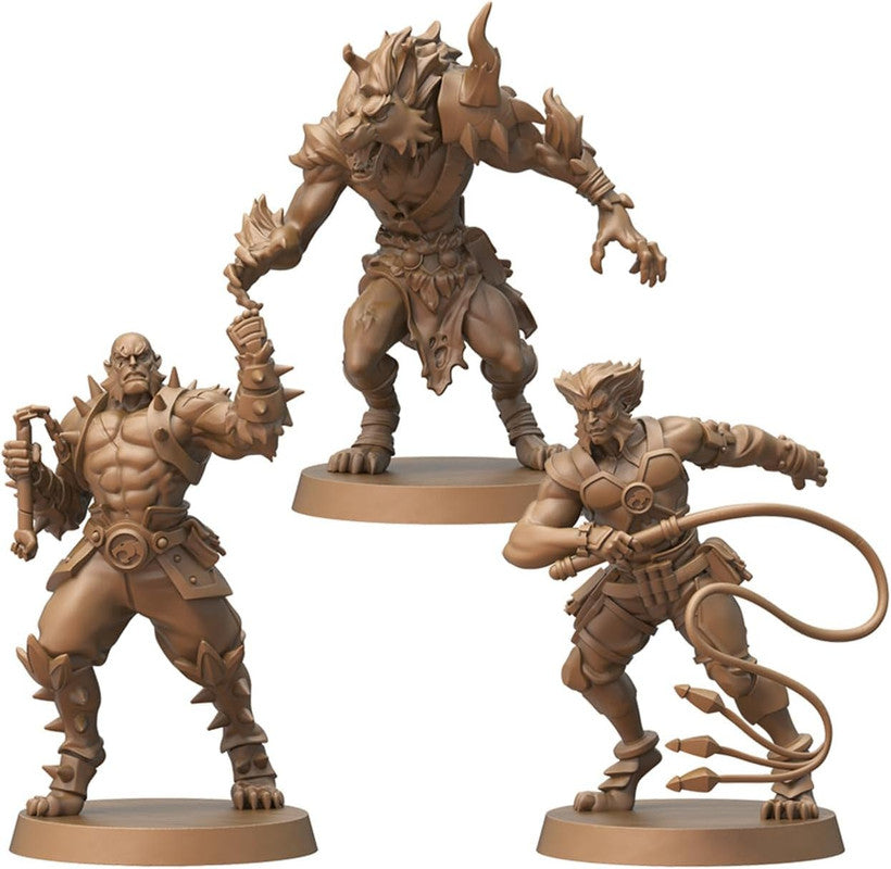 Three unpainted miniature figures: a snarling werewolf, a spiked warrior with a flail, and a dynamic whip-wielding character