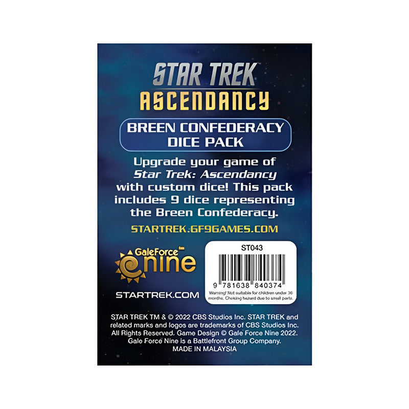 Back of Star Trek Ascendancy Breen Confederacy Dice Pack box, describing its 9 custom dice