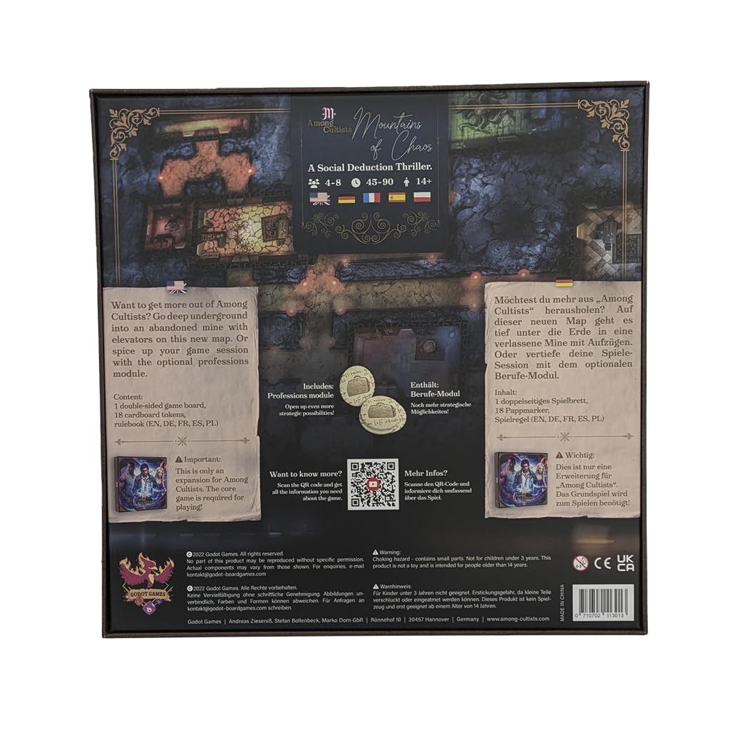 Back of "Among Cultists: Mountains of Chaos" game expansion box -  displaying a dark underground map and game details