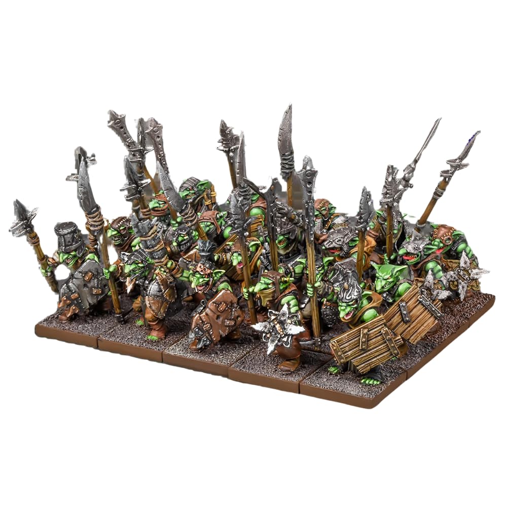 A miniature unit of green-skinned goblins or orcs, heavily armed with spears, axes, and shields, on a textured base
