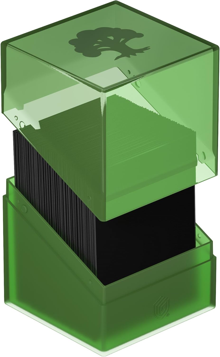 Open green trading card deck box with a tree mana symbol, revealing a large stack of black sleeved cards
