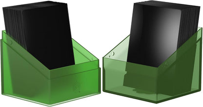 Pair of green plastic deck boxes holding stacks of black sleeved trading cards