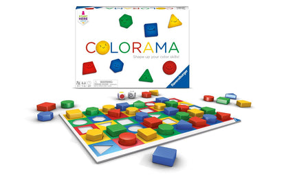 Ravensburger Colourama board game, displaying the box, board, and colourful shape-matching blocks