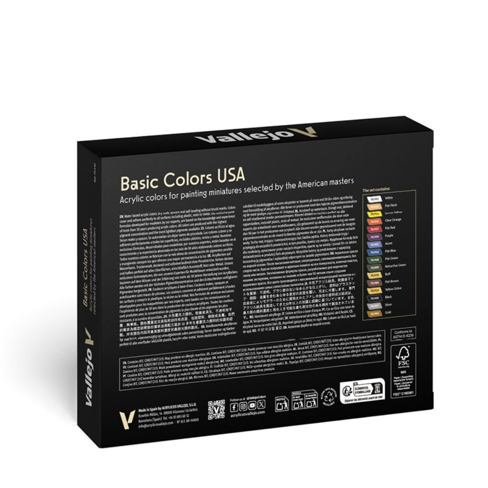 Black box of Vallejo Basic Colors USA acrylic paints for miniatures, showing the included colors