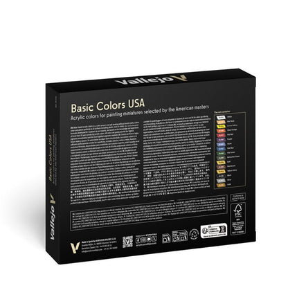 Black box of Vallejo Basic Colors USA acrylic paints for miniatures, showing the included colors