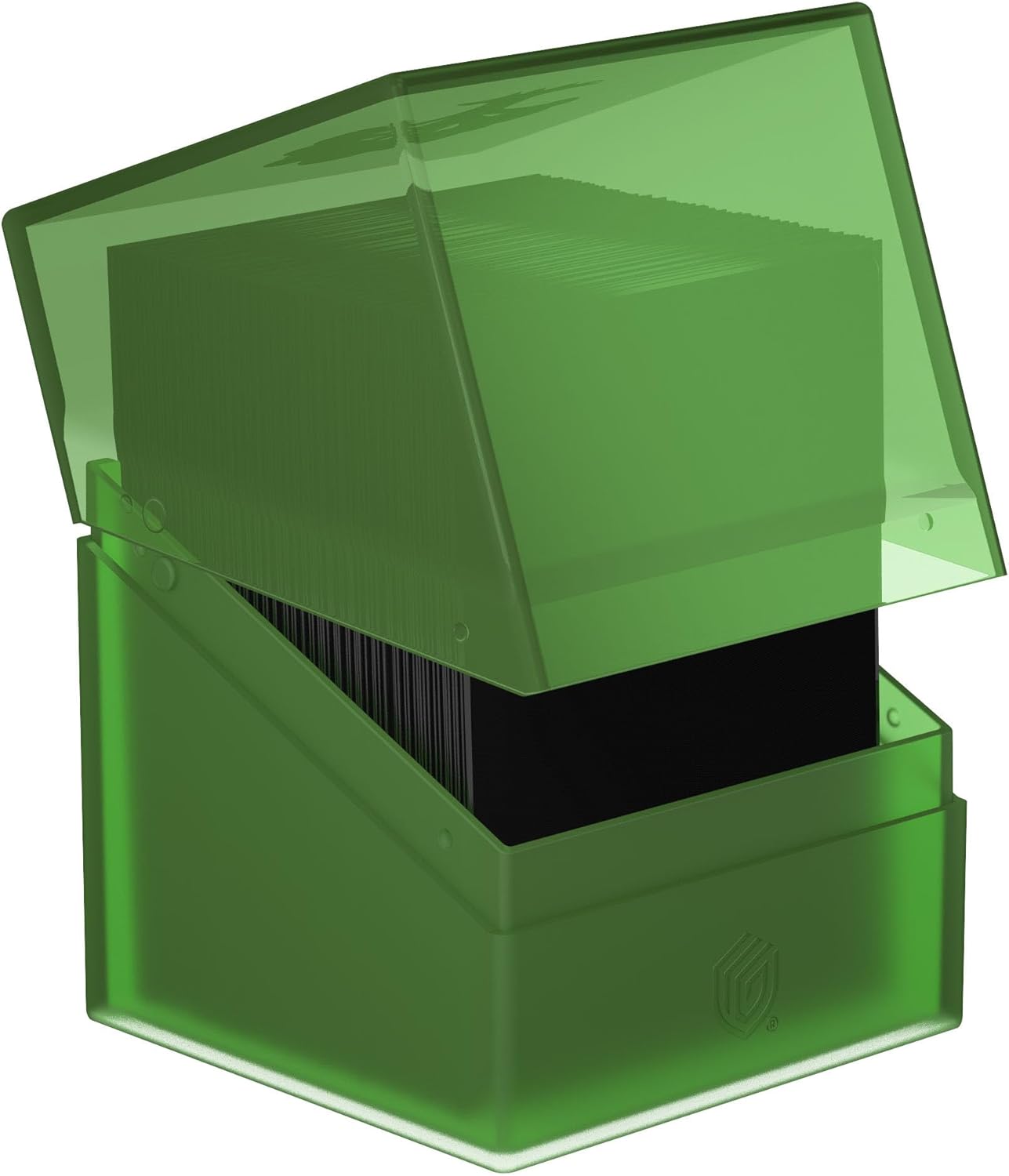 Open matte green deck box holding a stack of black trading cards