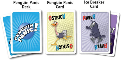 Three Penguin Panic cards: the blue deck back, a running Ostrich card, and a smiling Raven "Ice Breaker" card