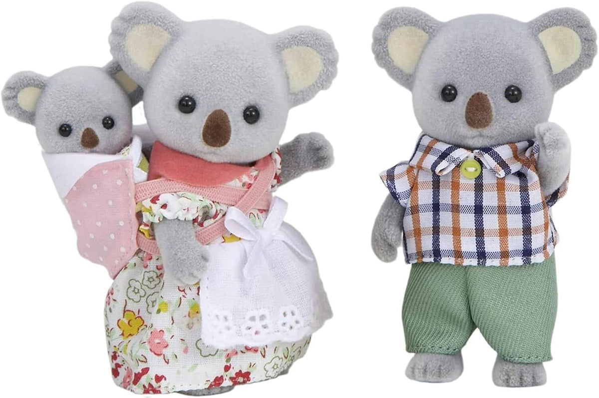 Koala toy family set: mother carrying baby in a sling and father wearing a plaid shirt