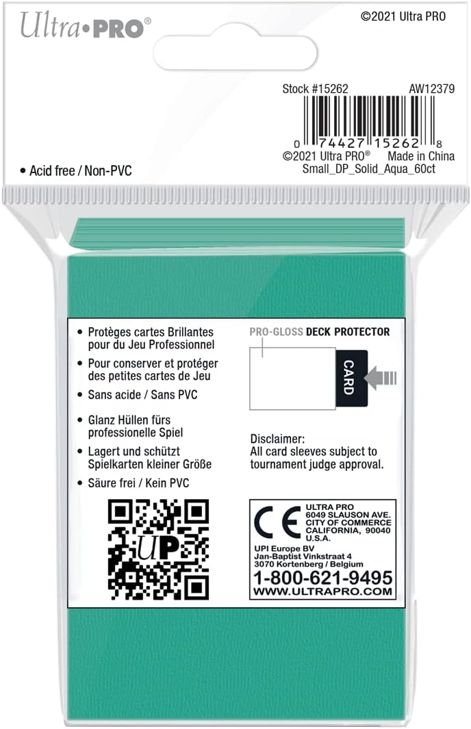 Clear Ultra PRO package of teal-aqua &#39;Pro-Gloss Deck Protector&#39; card sleeves. Back shows barcode and product details