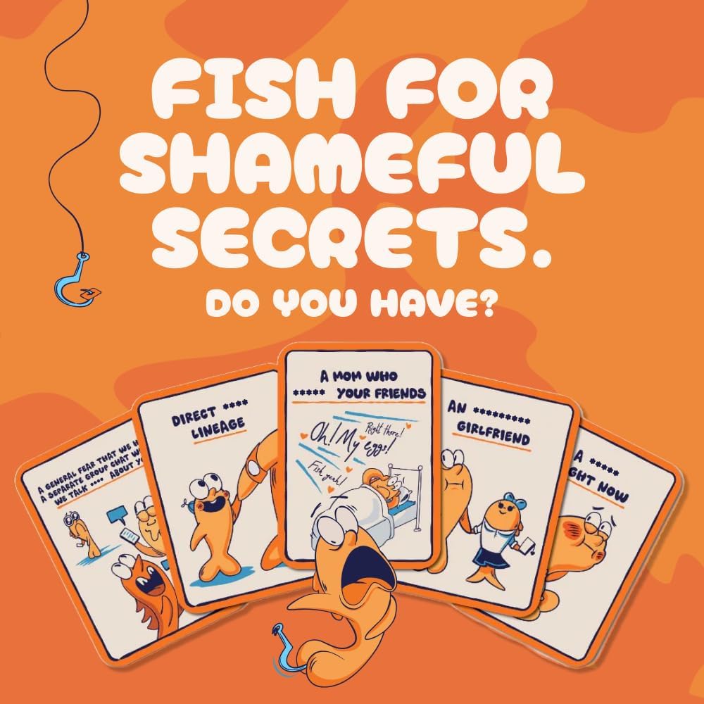 Illustration: "Fish for Shameful Secrets" text over cards showing embarrassing situations involving cartoon fish