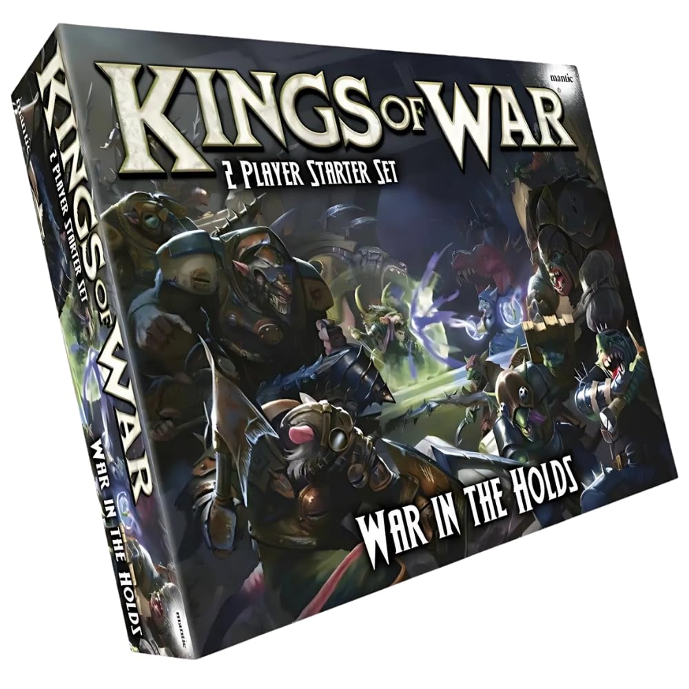 An angled game box for "Kings of War 2 Player Starter Set: War in the Holds," featuring fantasy creatures battling on the cover