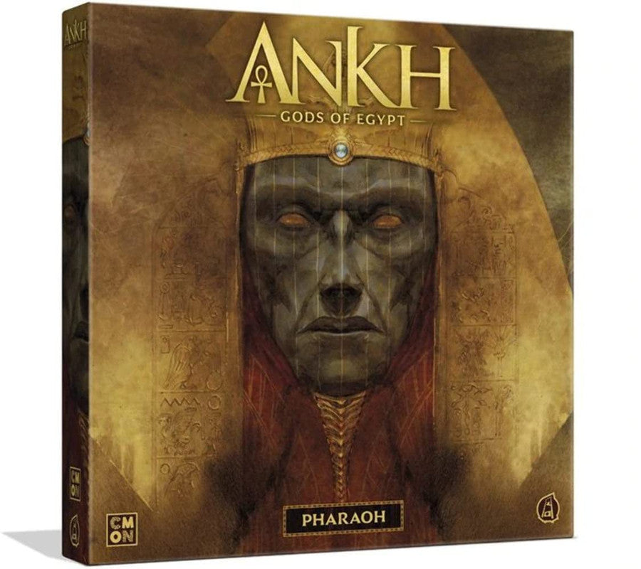 Ankh Gods of Egypt Pharaoh Expansion board game box featuring an imposing dark stone pharaoh bust and gold Egyptian hieroglyphics