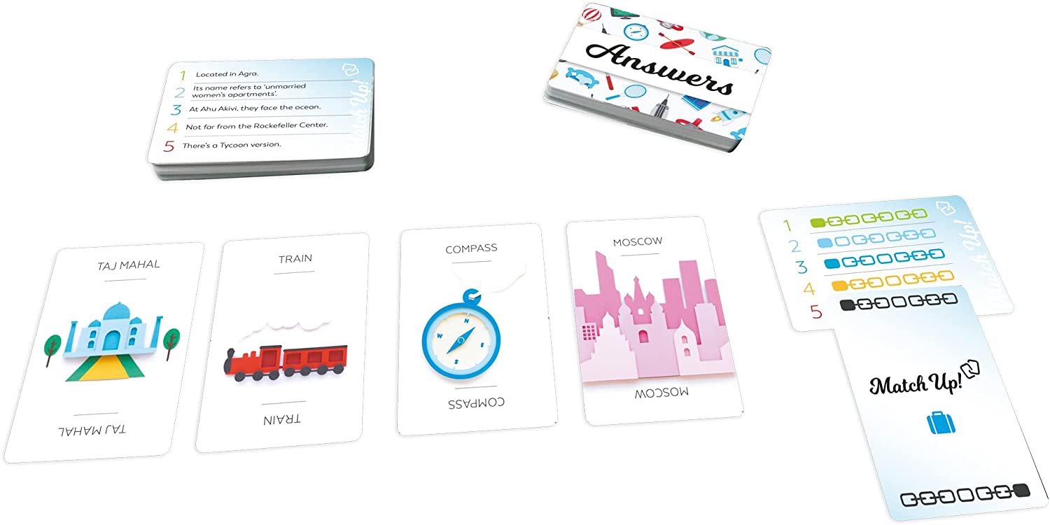 Card game "Match Up!" displayed with clue cards, answer cards, and illustrated cards for Taj Mahal, Train, and Moscow.