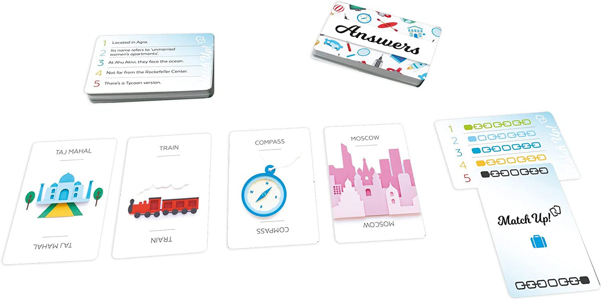 Card game &quot;Match Up!&quot; displayed with clue cards, answer cards, and illustrated cards for Taj Mahal, Train, and Moscow.