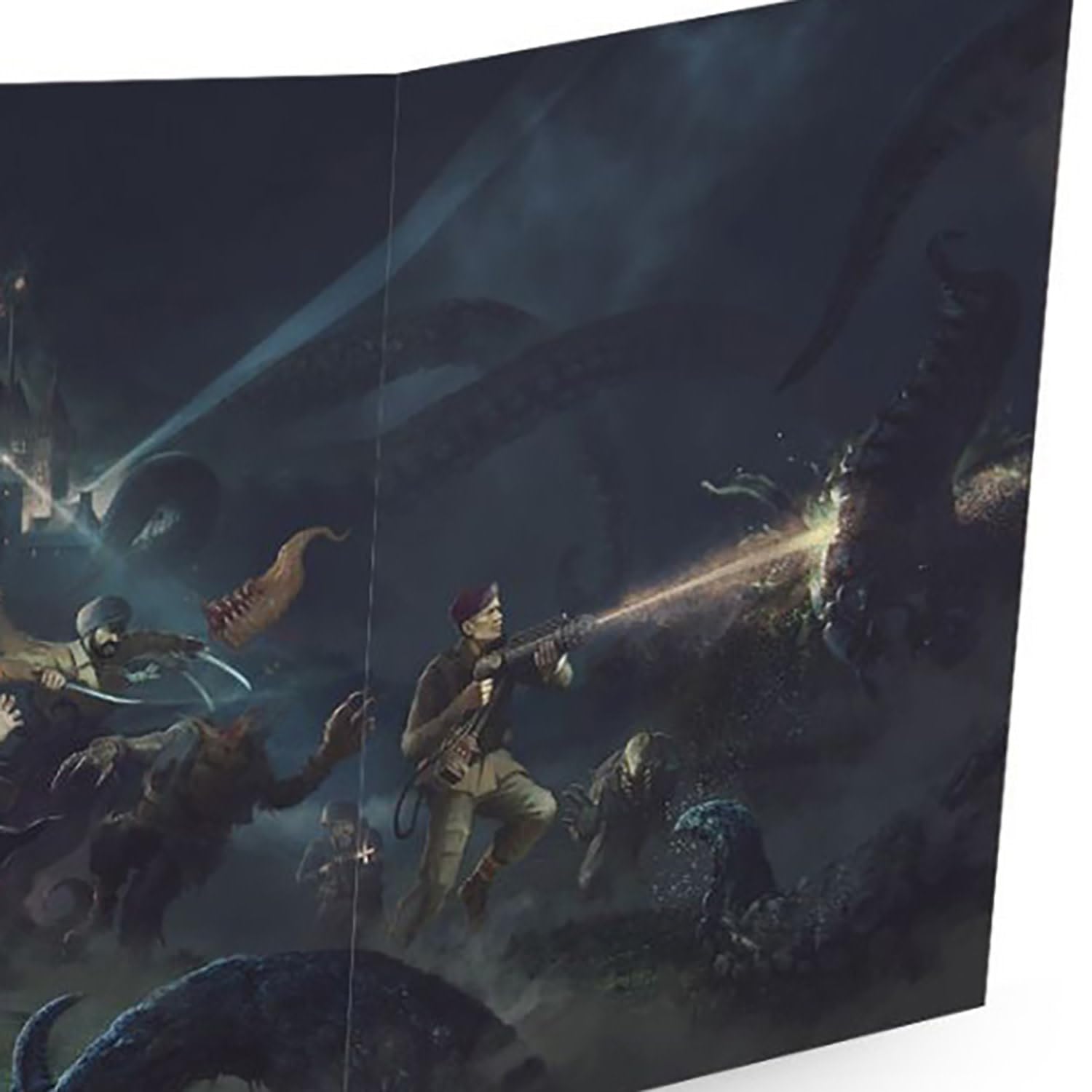 Soldiers battle a giant, tentacled monster in a dark fantasy scene. One soldier fires a laser rifle at the creature amidst chaotic combat.