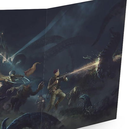 Soldiers battle a giant, tentacled monster in a dark fantasy scene. One soldier fires a laser rifle at the creature amidst chaotic combat.