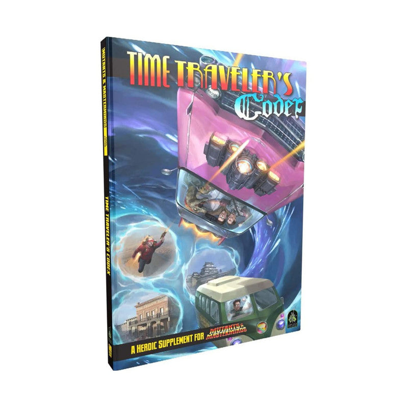 Time Traveler's Codex book cover: Flying pink car, hero, and green van in a swirling blue time vortex