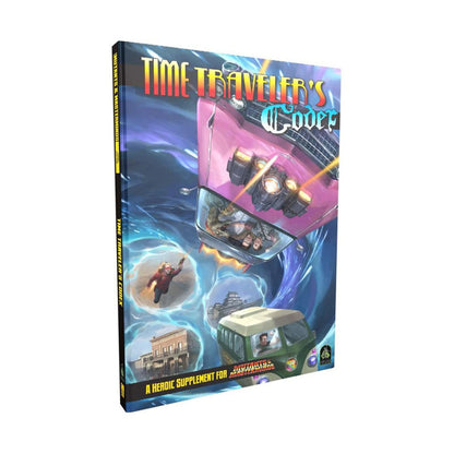 Time Traveler's Codex book cover: Flying pink car, hero, and green van in a swirling blue time vortex
