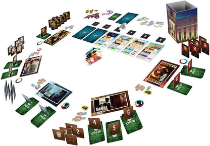A tabletop game laid out with cards tokens and a building-shaped box featuring game components like character cards job cards and scoring markers