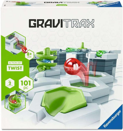 GraviTrax Action-Set Twist box showing marbles spiraling and bouncing on a complex modular track system