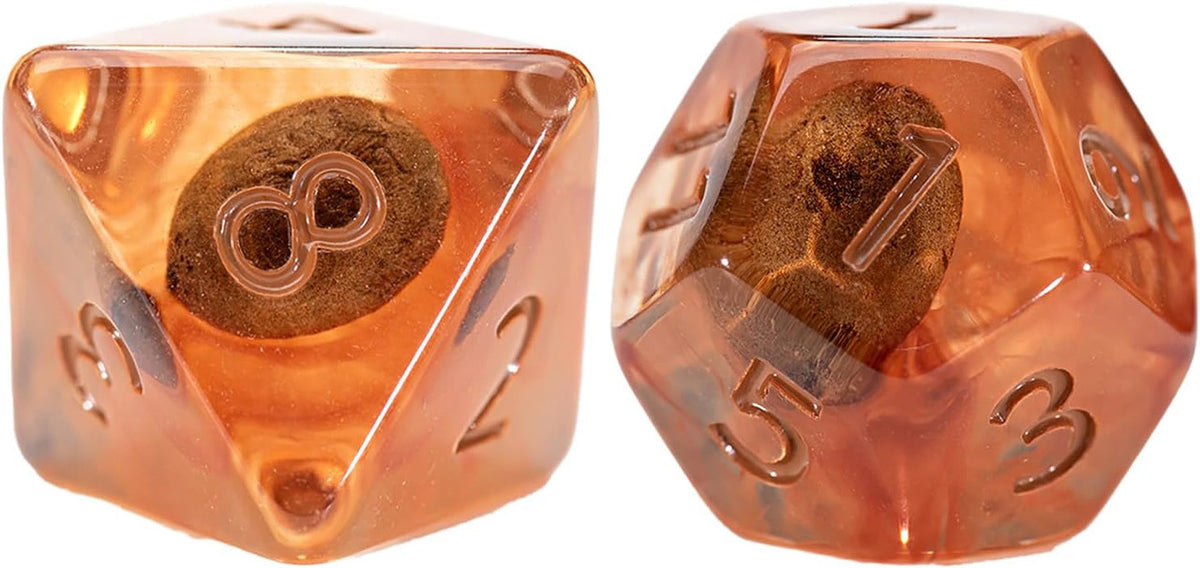 Translucent amber d8 and d10 RPG dice, each encapsulating a dark, textured petrified seed-like object. Visible numbers include 8 and 7