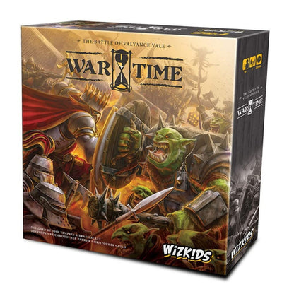 Board game box for Wartime: The Battle of Valyance Vale: A knight in armor battles a snarling green orc surrounded by goblins
